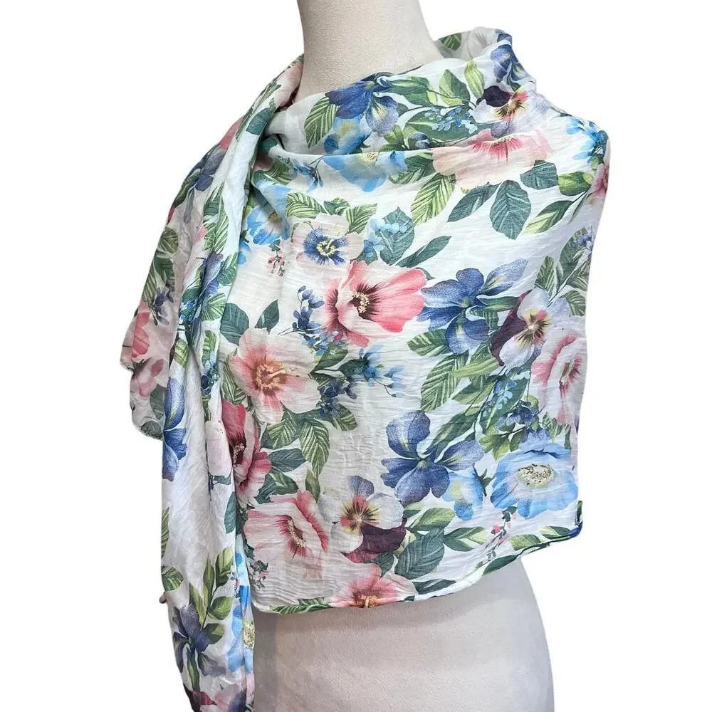 Italian Cotton Silk Floral Parallelogram Scarf Wrap Shawl 62” x 27”